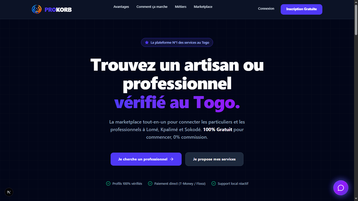 Interface de la plateforme ProKorb montrant la connexion entre clients et professionnels
