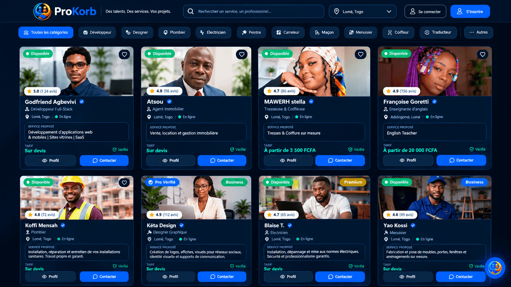 Interface de recherche de professionnels sur ProKorb